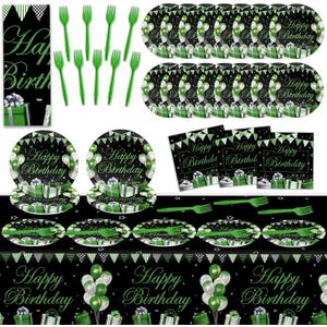 61 Pcs Green Silver Black Birthday Decorations Green Themed Party Tableware Set Confetti Sprinkles Decor Includes Plates Napkins Tablecloth for Men Women Dinner Gathering Supplies Serves 20 Guests