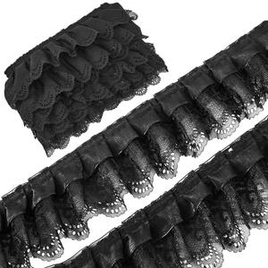GORGECRAFT 10 Yards 3 Layer Pleated Chiffon Flower Lace Trim 65mm Wide Gathered Mesh Organza Edge Ribbon Fabric Ruffles Edging Trimmings Embroidered for Sewing DIY Crafts Wedding Dress Decor Black