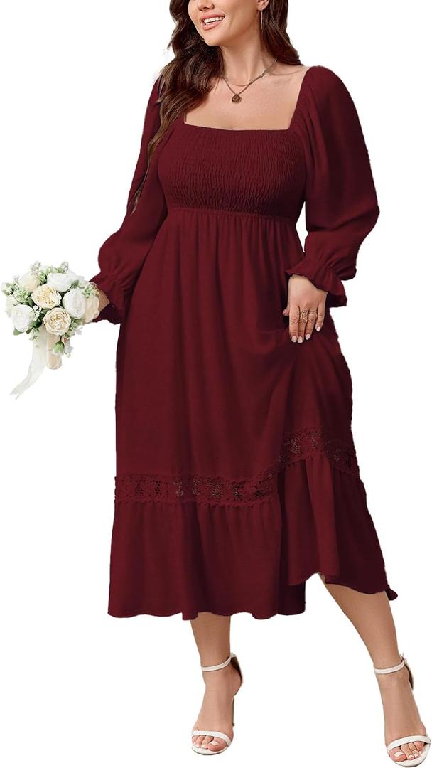 SCOMCHIC Womens Plus Size Fall Dresses Long Sleeve Square Neck Wedding Guest Smocked Flowy Boho Country Western Maxi Dress, Size 2XL