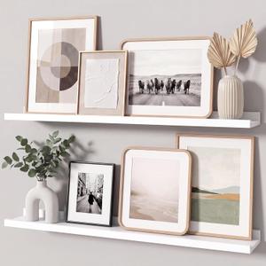 White Picture Ledge Shelves for Wall, 4.5" Deep Wood Floating Shelves with Lip for Bedroom, Living Room, 30" Width, Color White Set of 2