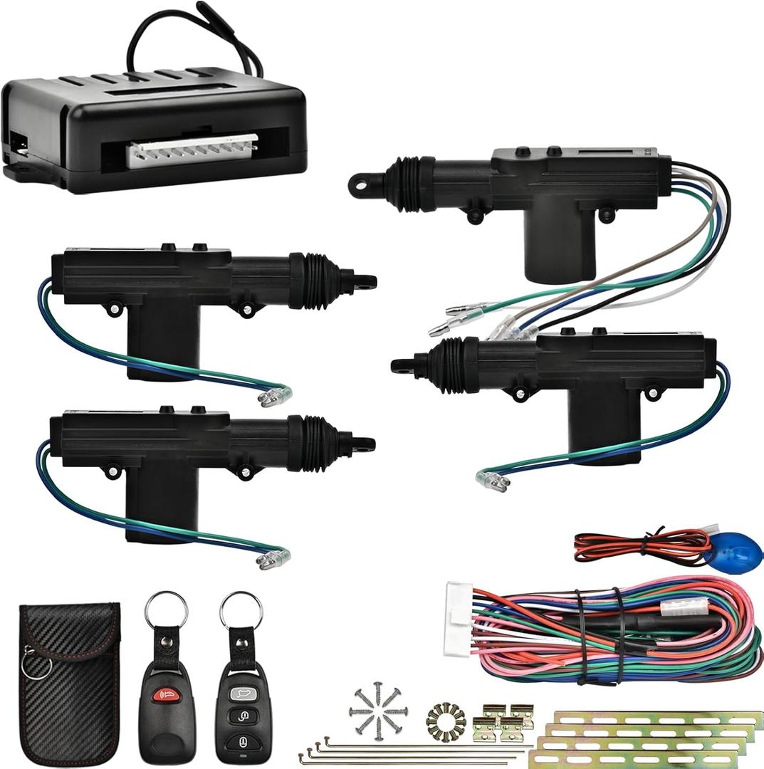 Universal Car Power Door Lock Kit with 4Pcs 12V Car Door Lock Actuator, Keyless Entry System with 2 Remotes, 1 Central Locking System, 1 Faraday Bag, Power Central Lock Kit for Cars,Auto,Truck
