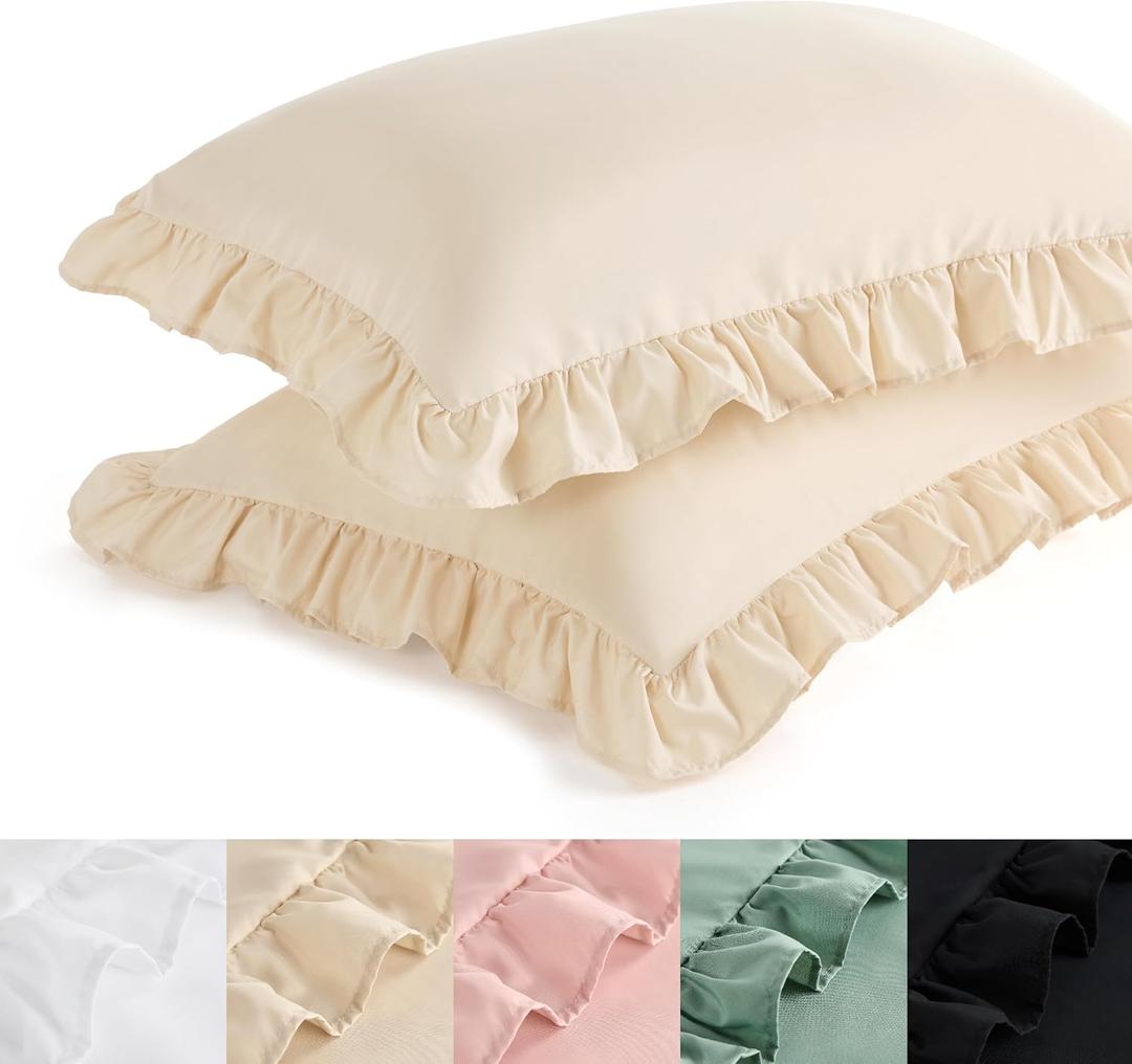Bedsure Pillow Shams Standard Size Set of 2 - Soft Ruffle Pillowcases with Elegant Frilled Edges, Decorative Pillow Covers, Wrinkle, Fade Resistant, Envelope Closure, 20" x 26", Beige