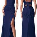 Women Sexy Mesh Tie Low Back Sleeveless Split Ruched Maxi Dress Party Cocktail Long Dress Wedding Guest Dresses (Small, Navy Blue)