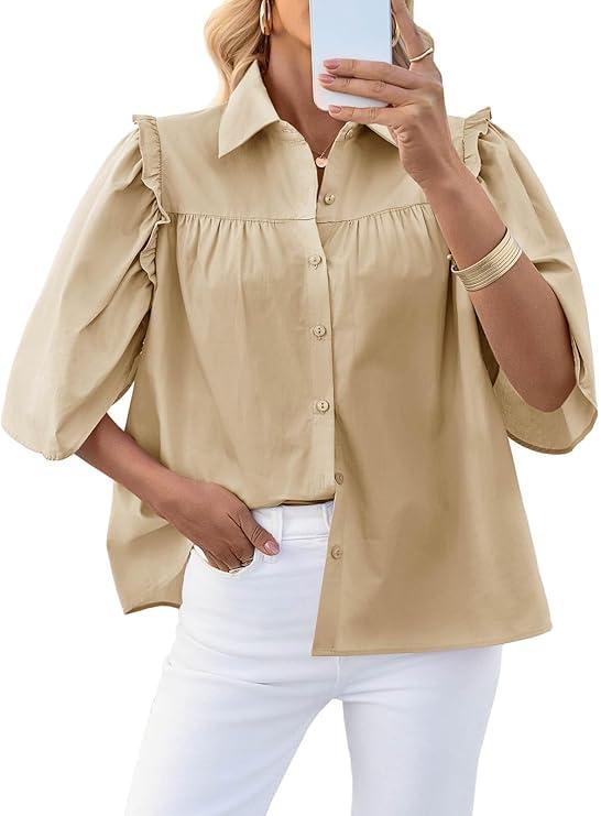Cicy Bell Womens Summer Button Down Shirts Short Ruffle Puff Sleeve Cotton Blouses Dressy Casual Ladies Tops (Large, Beige)