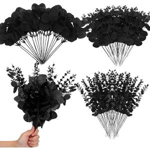 Giegxin 90 Pcs 3 Kinds Mixed Artificial Eucalyptus Leaves Stems Bulk Silver Dollar Leaves Picks Dried Eucalyptus Bundle Faux Spray for Wedding Vase Bouquet Floral Arrangement (Black)