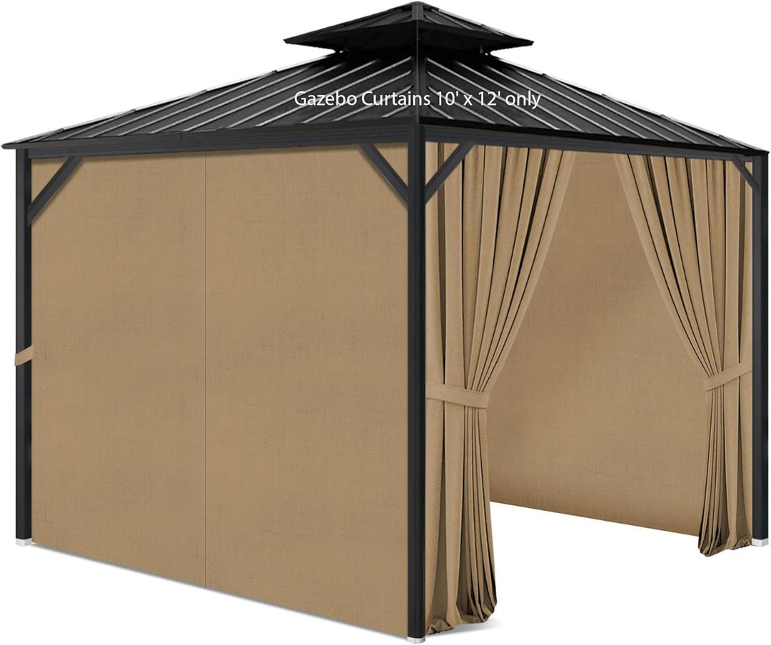 Gazebo Privacy Curtains 10' x 12' with Zipper 4-Panels Side Wall Universal Replacement for Patio, Outdoor Canopy, Garden and Backyard (Curtain Only) (Khaki)