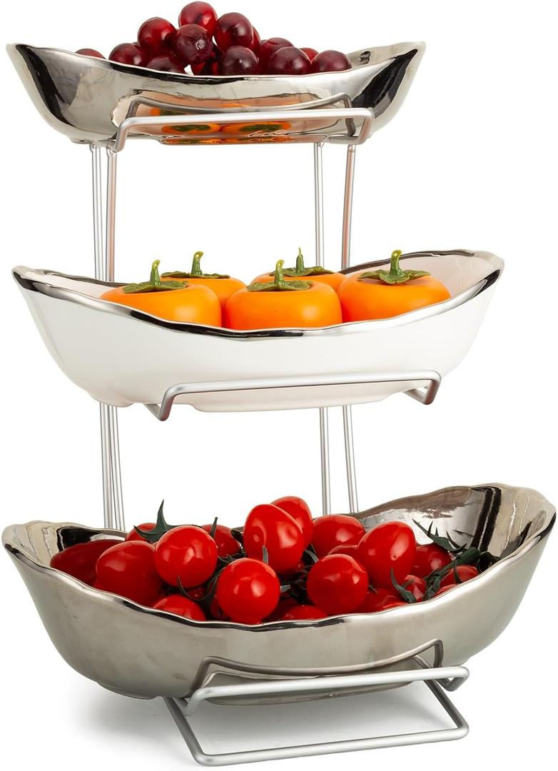 jessie 3 Tier Ceramic Fruit Bowls for Kitchen Counter with Metal Rack, Fruit Basket with Stand, Porcelain Bowls for Fruit Vegetable Bread Candy Snack Nuts (Silver and White Bowl-Silver Rack 3 Layer)