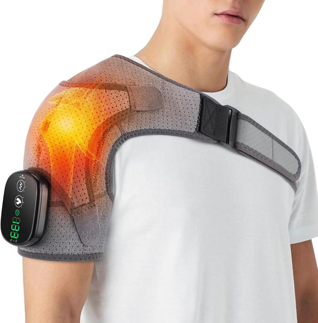 Cordless Shoulder Heating Pad with Massage, FSA Eligible, Shoulder Massager Wrap for Pain Relief, hsa, 3 Heating Levels, 3 Vibrations, Perfect for Home Use, Office, Travel, Gift for Women Men