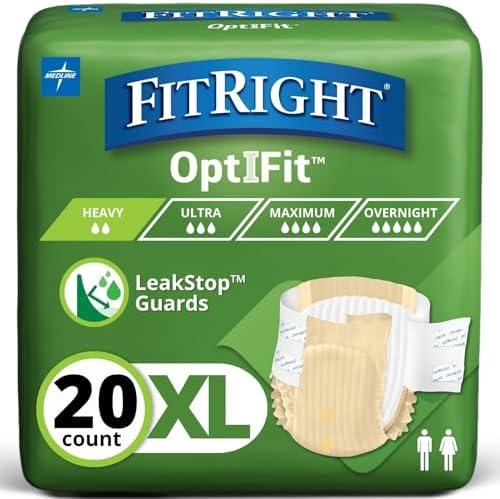 FitRight Extra+ OptiFit Heavy Absorbency Adult Diapers, FSA/HSA Eligible,20 Count, Waist Size 56"-64" ,XL , Incontinence Briefs for Men and Women, Disposable, Moisture Wicking, Leak Protection
