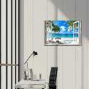 Beach Pictures Wall Art Decor for Living Room, Blue Ocean Painting Decor for Bedroom, White Window Frame Style Palm Trees Canvas Wall Decor Blue Coastal Landscape Artwork for Bathroom Office 24"x36"