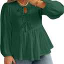 AlvaQ Womens Plus Size Tops Fall Fashion Bow Tie Front Puff Sleeve Crewneck Babydoll Peplum Blouses Shirt 1X (Green)