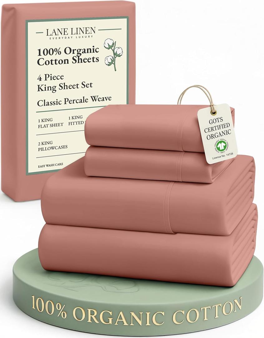 LANE LINEN 100% Organic Cotton Fully Elasticized King Sheet Set, Low Pilling Fade Resistant Machine Washable Naturally Cooling King Bedding Set, Mercerized Soft & Comfy Cotton Sheets  Rose Dawn
