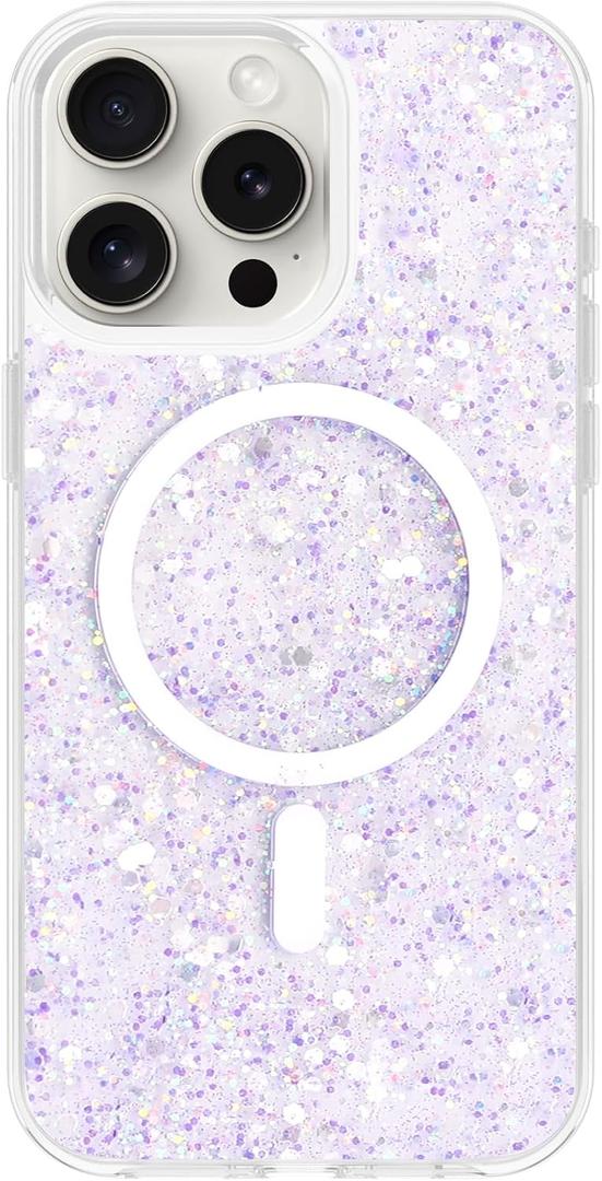 For iPhone 15 Pro Max Case, Clear Glitter MagSafe Compatible, Bling Sparkly Girly Case for iPhone 15 Pro Max, Magnetic Protective Phone Cover, Purple Glitter, Cetus
