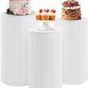 JALANCY Metal Pleated Cylinder Pedestal Stands for Party, 3 Pieces Heavy Duty Round Cake Pedestal Stand Display Plinth Pillars Art Decor for Wedding Ceremony Birthday Party（Small, White）