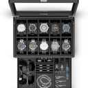 Vlando Watch Box 10 Slots, Lockable Watch Case with Textured Leather, 2 Layer Watch Holder for Rings, Glasses, Mens Jewelry Box with Glass Lid, Removable Divider, Gifts for Father, Husband, Black