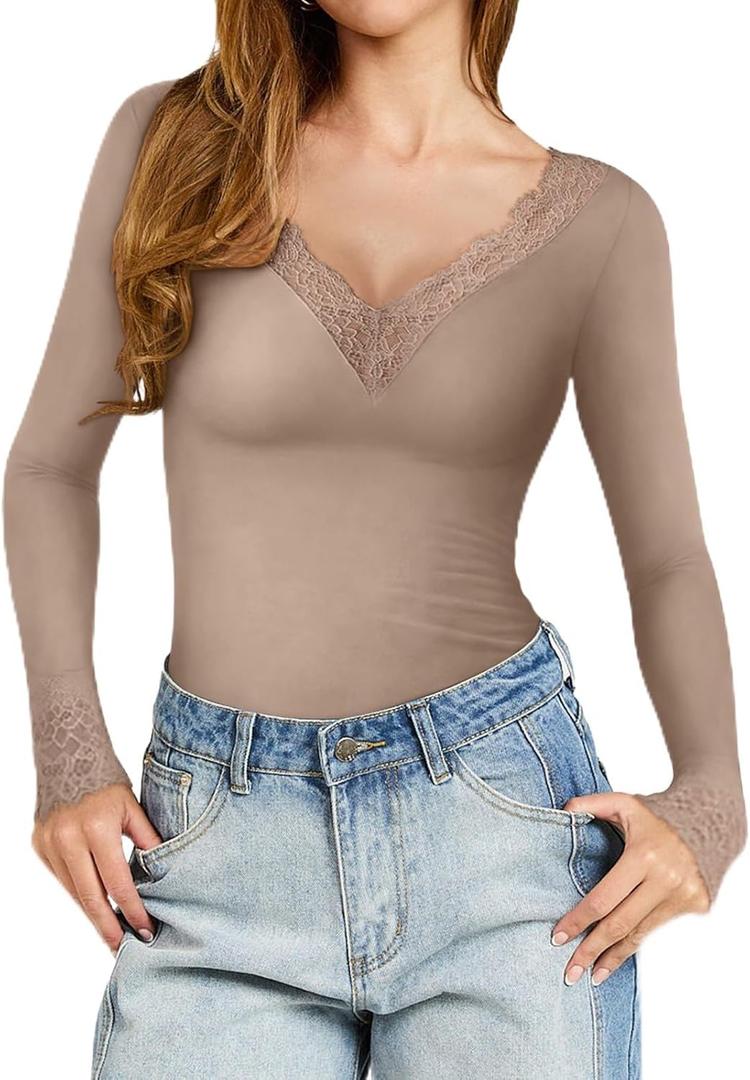 REORIA Long Sleeve Shirts for Women Lace V Neck Basic Tops Fitted Fall Cute Clothes Trendy Fashion Winter (Beige, S)
