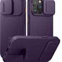SURITCH for iPhone 15 Pro Case with Magnetic Camera Slide Cover and Adjustable Kickstand, Compatible with MagSafe, Shockproof Bumper Case Slim Protective Cover 6.1 Inch, Dark Purple