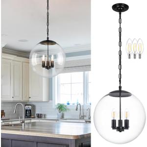 KoKo&Yukina 13.7" Black Globe Pendant Light Mid Century Pendant Light Clear Glass Pendant Lights Kitchen Island Adjustable Hanging Light Fixture for Dining Room Bedroom Kitchen Island