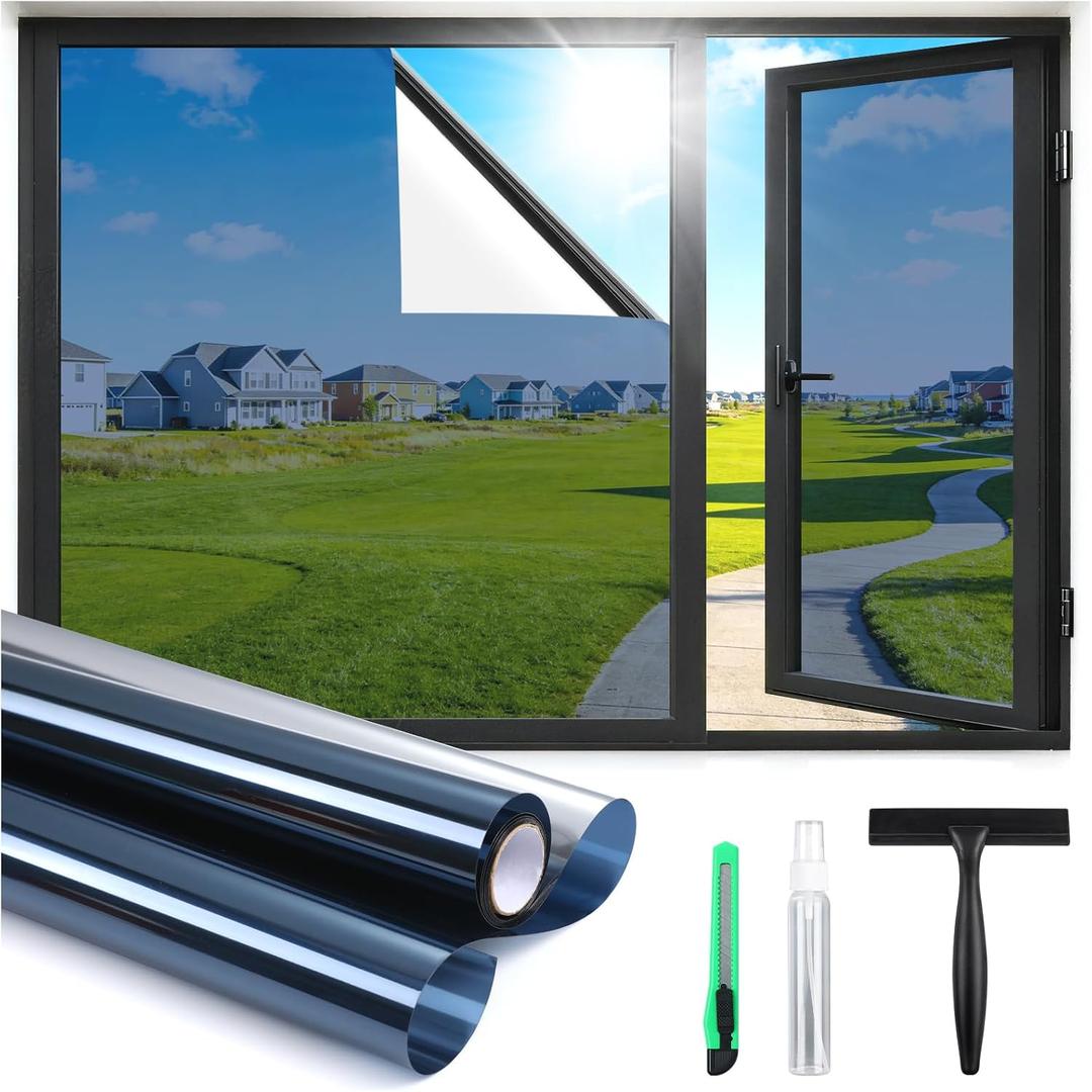 Haton One Way Window Privacy Film, Window Tint for Home with Tools, Static Cling Removable, UV Sun Heat Blocking Reflective Mirror Film, See Out Not in, Blue-Silver, 35.4 by 78.7 inch