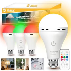 Neporal Rechargeable Light Bulbs, Back Up Battery Light Bulbs, 15W 80W Equivalent 5000K 1200mAh Battery Operated Light Bulb, Emergency Lights for Home Power Failure, Pack of 4 (9 Colors 4PK)