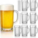 ZENFUN 8 Pack Glass Beer Mugs, 14 Oz Heavy Wine Glasses with Handle & Stainless Steel Straws, Large Beer Glass Steins Pub Drinking Mugs for Juice, Iced Tea