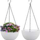 10 inch Hanging Planters for Indoor Outdoor Plants, 2 Pack Hanging Flower Pots with Drainage Holes and Chain for Garden Balcony Porch, Round Plastic Hanging Baskets for House Plants, White
