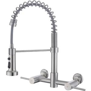 Wall Mount Kitchen Faucet, 8 Inch Center Wall Mount Kitchen Sink Faucet with Pull Down Sprayer Commercial, Brushed Nickel