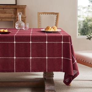 ZeeMart Grid Embroidered Hemmed Tablecloths, Burgundy 52x70 Inch, Farmhouse Style Heavy Weight Cotton Linen Red Tablecloths, Boho Plaid Water Resistant Rectangle Table Cloth
