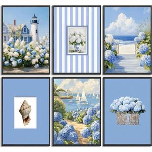 6Pcs Blue Coastal Hydrangea Canvas Wall Art Nautical Lighthouse Ocean Painting Pictures Wall Decor Floral Beach Scene Poster Print Artwork for Living Room Bedroom Home Decoration 8x10in Unframed
