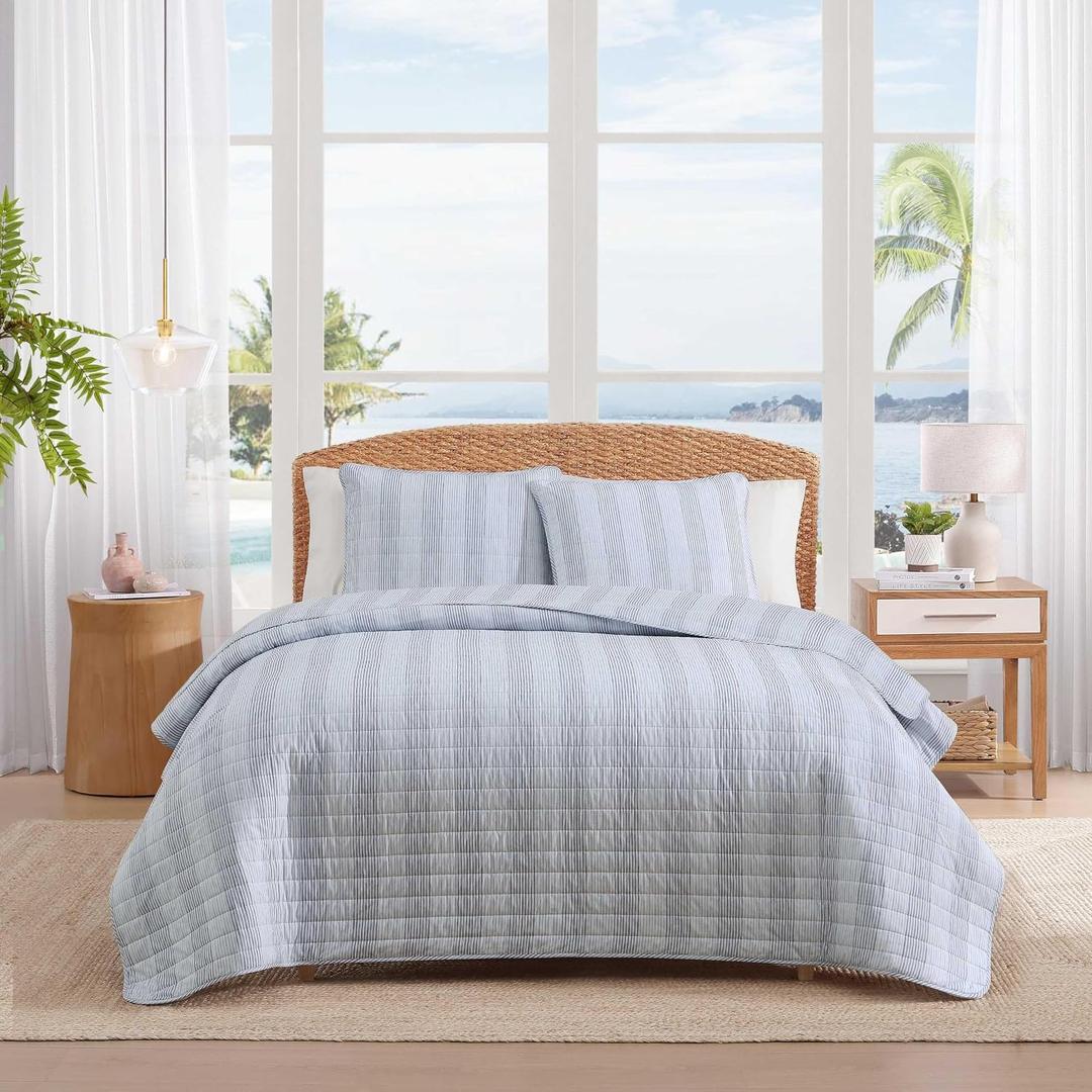 Tommy Bahama - Queen Quilt Set, 100% Soft Cotton Bed Set for Year Round Comfort, 3 Piece Striped Bedding with Matching Pillowcases (Bahama Weekend Stripe Blue)