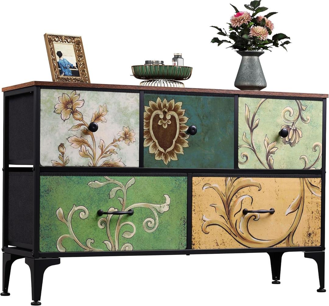 WLIVE Dresser for Bedroom with 5 Drawers, Wide Chest of Drawers, Fabric Dresser, Storage Organizer Unit with Fabric Bins for Closet, Living Room, Hallway, Floral Painted (11.73"D x 39.37"W x 25.08"H)