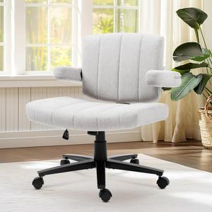 Grey Criss Cross Office Chair with Wheels, Ergonomic Wide Seat Vanity & Dressing Table Chair, Adjustable Arms Swivel Rolling Desk Chair for Women, Comfortable Cross-Legged Support
