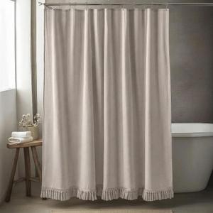 Taupe Shower Curtain Linen Shower Curtain with Tassels Boho Shower Curtains for Bathroom Rustic Farmhouse Shower Curtains Bath Decor (72"x72")
