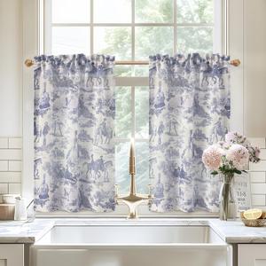 DriftAway Kitchen Curtains Toile Tier Linen Short Curtains Cafe 36 Inch Length for Living Room Bathroom Farmhouse French Country Vintage Printed Pattern Rod Pocket 2 Panels Navy