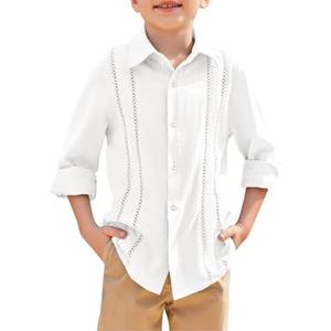 Haloumoning Boys Cuban Guayabera Shirt Kids Fashion Button Down Long Sleeve Shirts 5-14 Years size 130