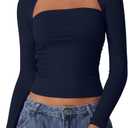 QINSEN Long Sleeve Square Neck Tops for Women Double Lined Side Ruching Going Out Shirts Basic Tee (X-Large, Navy)