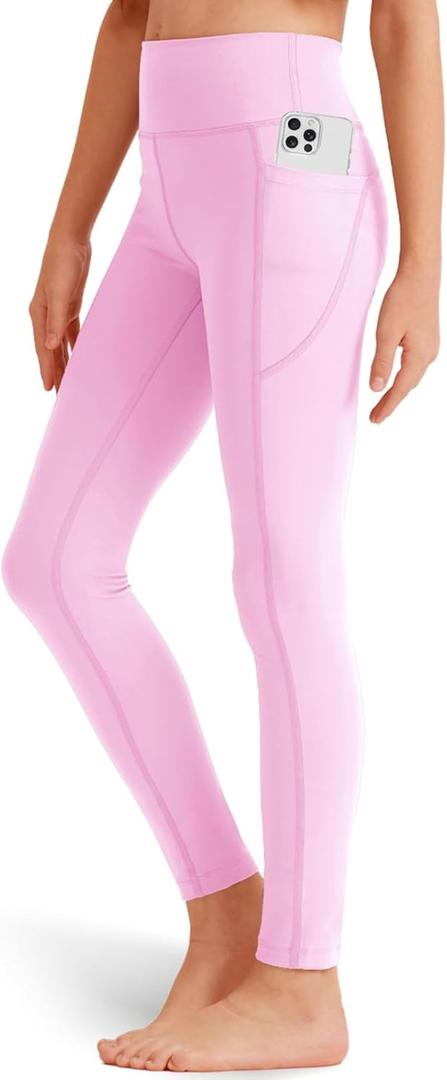 Girls' Black Athletic Leggings with Pockets, White Ankle Length Yoga Pants for Kids (Large, Light Pink)