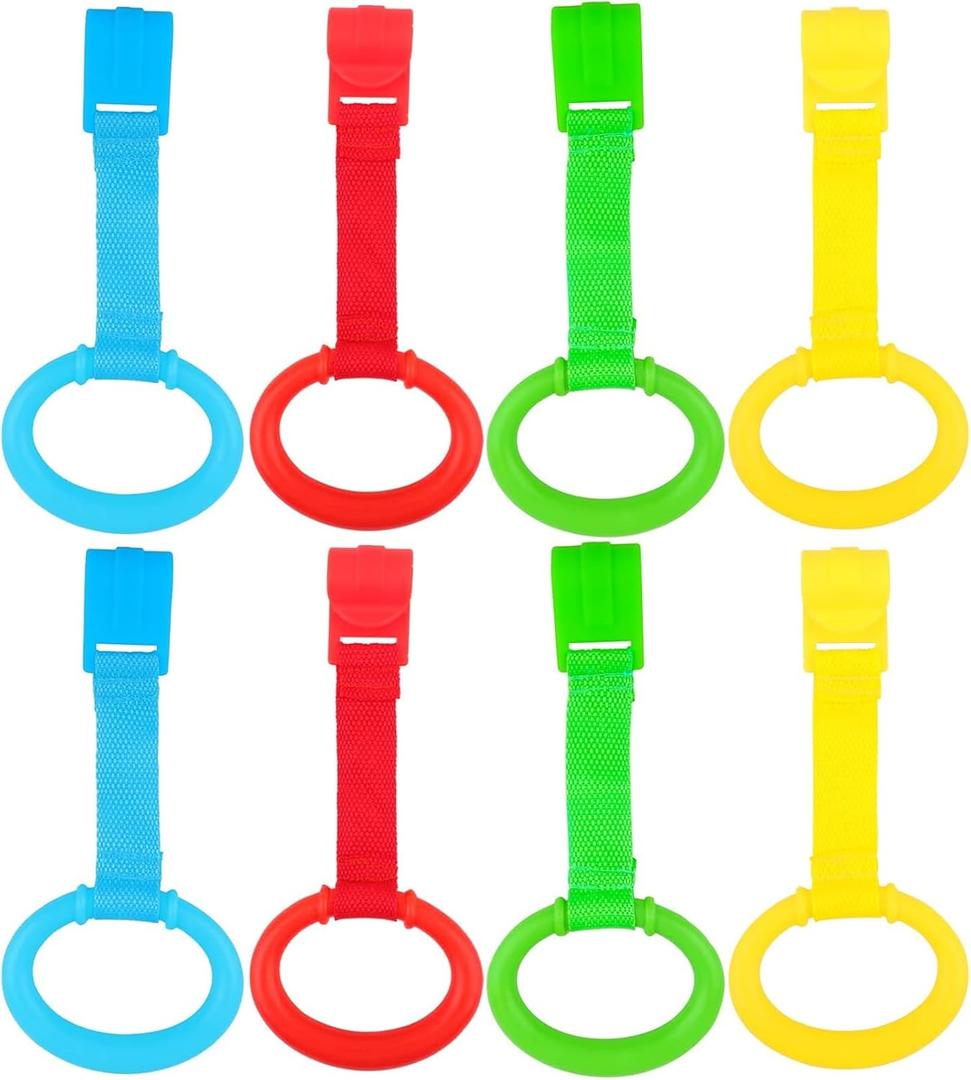 KALAMANDA 8 Pcs Baby Playpen Pull Up Rings, Pull Up Handles Standing Walker Crib Pull Rings for Toddler Kids Children Walking Training Tool(Yellow/Red/Blue/Green)