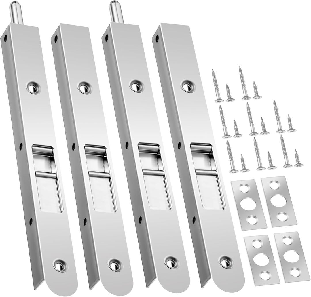 4 Pack 7 Inch Flush Bolt for Double Door, Heavy Duty Chrome Plating Flush Latch Bolts, French Lock for Opening and Composite Wood Double Dummy Door (Chrome Plating Color)