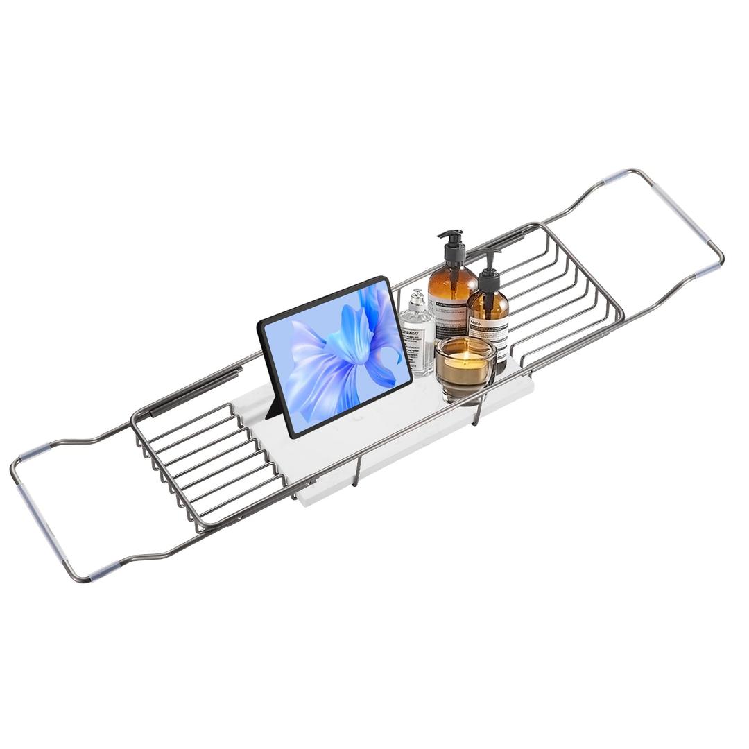 BVL Bathtub Tray Stainless Steel with Marble Base Gun Gray Bathtub Tray with White Marble Base Adjustable & Rustproof Bath Caddy for Spa, Relaxation, Bath Bombs
