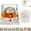 360 Degree Rotating Whiskey Glass Set with Ice Ball Mold, Crystal Clear Bourbon Scotch Glassware for Men, Fun & Novelty Gifts (Pattern 4)