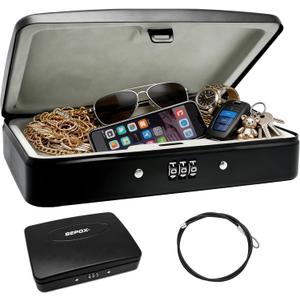 SEPOX® Portable Steel Lock Box with 3ft Cable, 8.1"x5.7" Alloy Travel Safe Case 3-Digit Combo Lock for Cash Passport Jewelry Car Dorm (Black)
