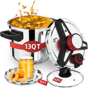 3-In-1 304 Stainless Steel Pressure Cooker 13 Quart: [Explosion-Proof] [3 PSI Settings], One-Hand Locking Pressure Canner, Induction Compatible, Glass Lid & Steamer Rack Included, Olla de Presion