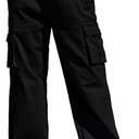 Haloumoning Girls Cargo Pants Casual Baggy Wide Leg Elastic Waist Jogger Trousers with Pockets 5-14 Years (Black)