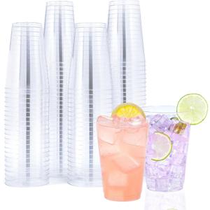BYSNOW 100 Pack 14 oz Clear Disposable Plastic Cups, Clear Plastic Cups Tumblers Cocktail Party Glasses, Elegant Disposable Decoration Cup for Thanksgiving, Wedding