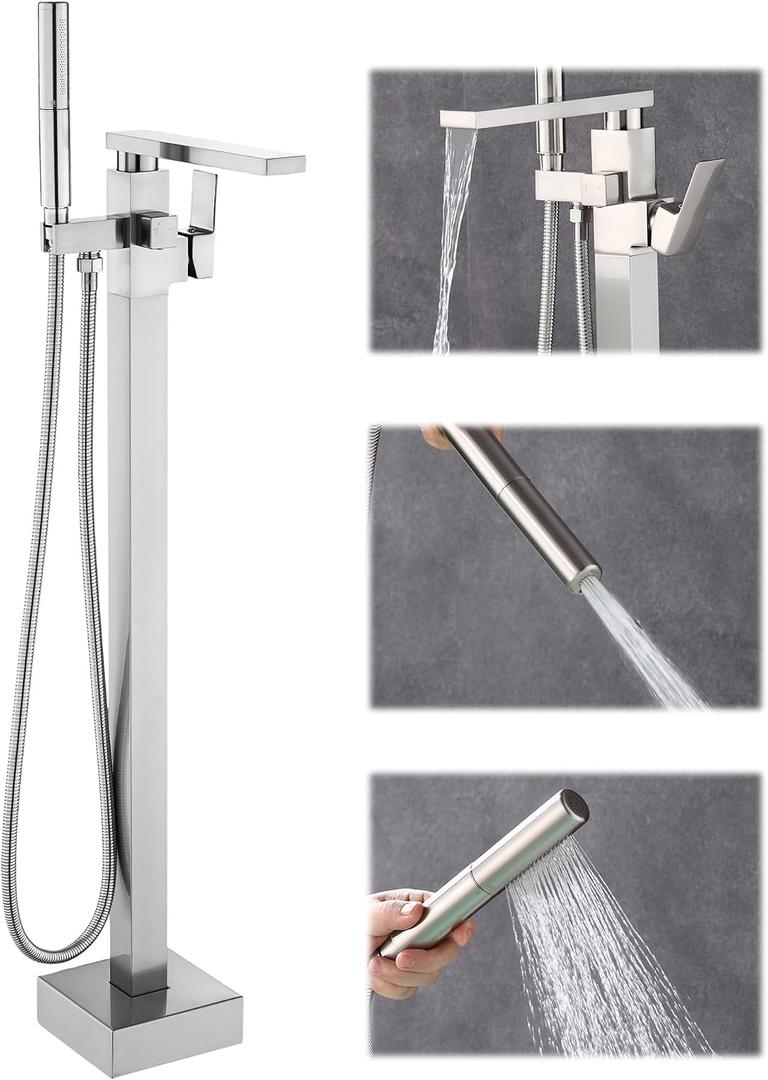 Free Standing Tub Faucet, Floor Mount Bathroom Tub Filler, Single Handle Freestanding Bathtub Shower Faucets with Handheld Sprayer, Brushed Nickel