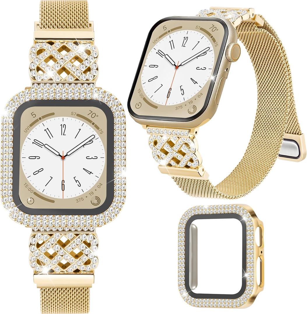 Metal Bracelet for Apple Watch Band 42mm 41mm 40mm 38mm 46mm 45mm 44mm for Women with Bling Case,Magnetic Slim Strap for iWatch Bands Series 11 10 9 8 7 6 5 4 3 SE SE3 Stainless Steel Mesh Loop iPhone