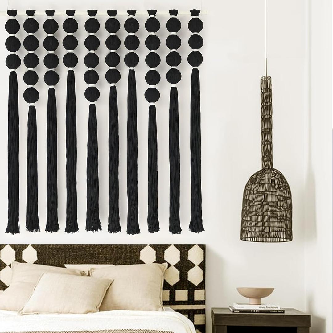 IOWER Large Macrame Wall Hanging Black Macrame Wall Decor Sphericity Cotton Textile Wall Hanging Boho Wall Decor Art Fiber Yarn Art Handmade 39" Wx39 L