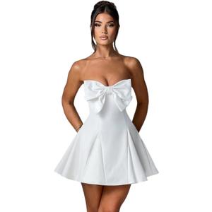 JUMISEE Women's Elegant Bow Strapless Homecoming Dress A Line Swing Tube Mini Dress Short Evening Party Prom Dress (White), L