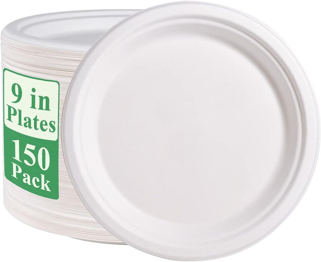 Vplus 150 Pack Paper Plates 9 inch 100% Compostable, Heavy-Duty Disposable Paper Plates Bagasse Natural Biodegradable Eco-Friendly Sugarcane (White)